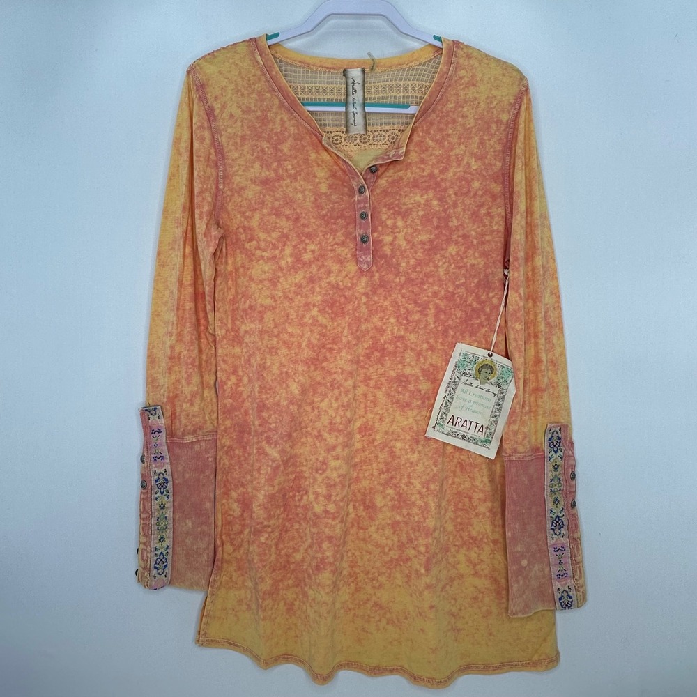 Aratta Silent Journey Womens Tie Dye Lace Henley Tunic Dress Orange Yellow Small
